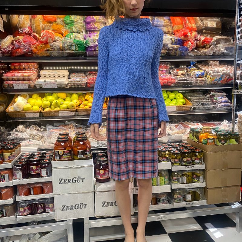 THE CLAIRE sweater in sky blue + THE DEMI skirt in blush check