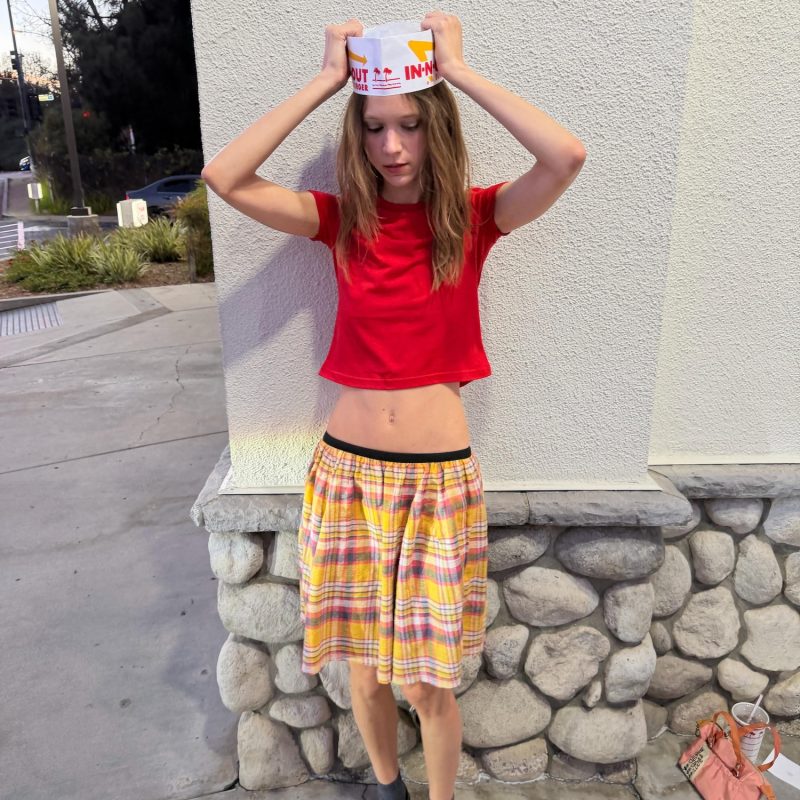 BASIC No.008 in tomato + THE HELENA skirt in mustard tartan